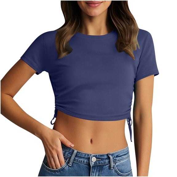 yillto Crop Top for Womens Short Sleeve Round Neck Slim Shirts Ladies Girls Summer Causal Cute Tee