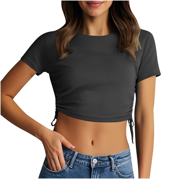 yillto Crop Top for Womens Short Sleeve Round Neck Slim Shirts Ladies Girls Summer Causal Cute Tee