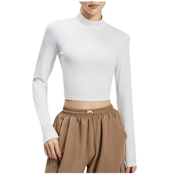 yillto Crop Tops for Womens Mock Neck Pullover Yoga Gym Shirts Long Sleeve Tight Athletic Running Workout Tee