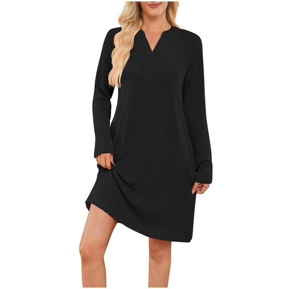 yillto Dresses for Women V Neck Casual Long Sleeve Loose Tshirt Dress Fashion Fall Outfits