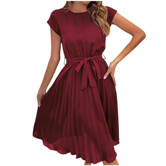 yillto Elegant Dresses for Women Short Sleeve Drawstring Midi A-Line Dresses Trendy Casual Crew Neck Dresses