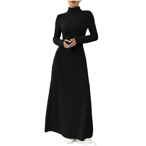 yillto Fall Maxi Dress for Women Long Sleeve Mock Neck Pullover Knit Ribbed Dresses Casual Wedding Dress