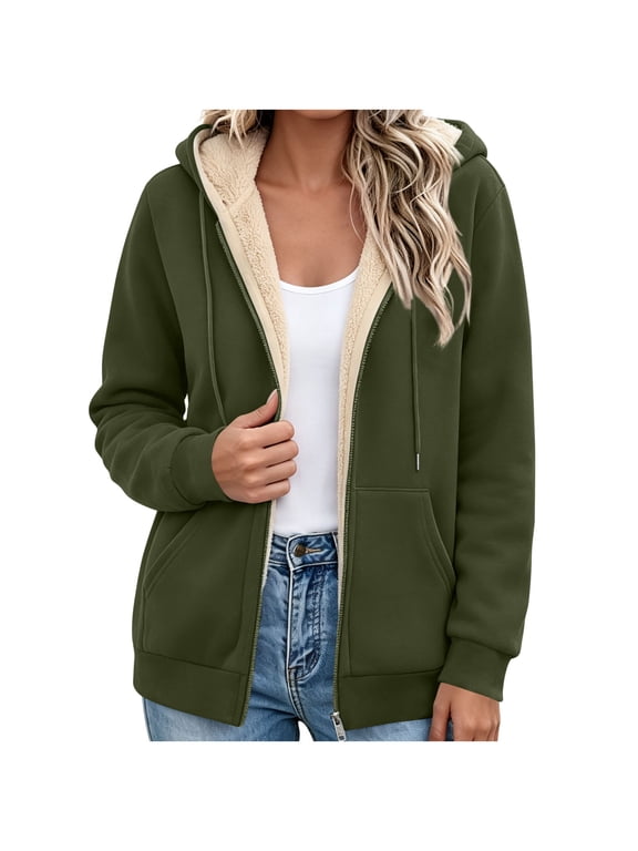 Fleece Coat for Women Thick Warm Sherpa Fuzzy Lined Hoodie Zip up Sweatshirts Coat with Pockets