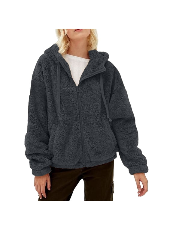 Fleece Jacket Womens Zip up Fuzzy Sherpa Lined Thick Hooded Fall Winter Warm Outwear Coats
