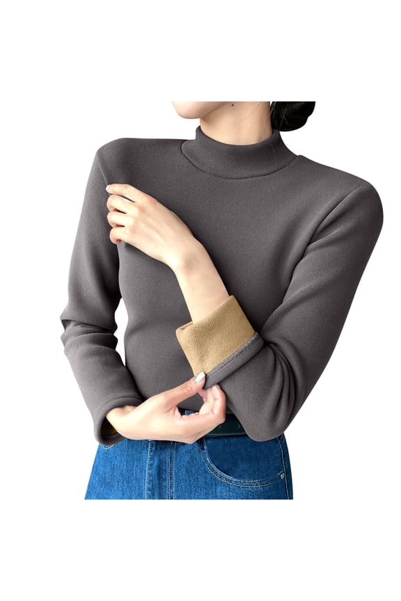 Fleece Lined Turtleneck Women Base Layer Pullover Long Sleeve Ribbed Thermal Warm Winter Tops