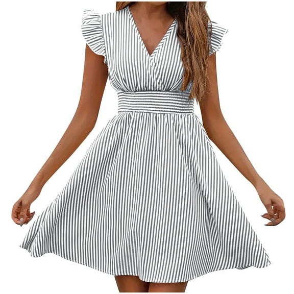 yillto Flowy Dresses for Women Mini Striped Printed Ruffle Short Sleeve A-Line Dress Summer Loose Beach Dress