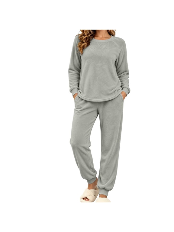 Fuzzy Fleece Pajamas for Women Long Sleeve Tops and Pants Plush Sleepwear Soft Warm Winter Pjs