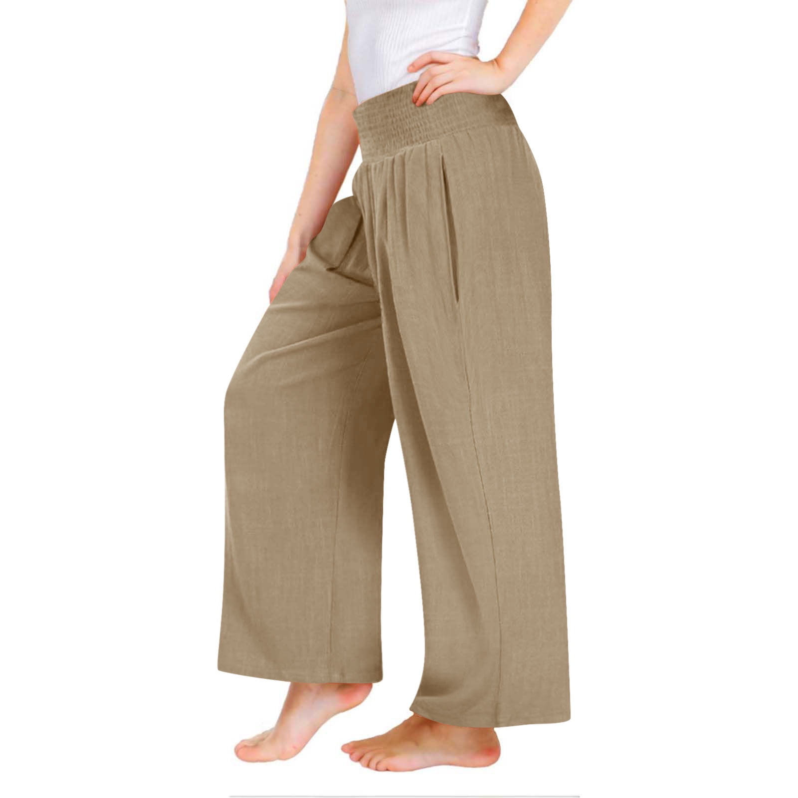 PAIDAXING Wide Leg Trousers For Women UK Elasticated High Waist Cotton Linen Palazzo Pants Solid Color Office Work Going Out Trousers Ladies Summer Boho Beach Holiday Lounge Pants Bottom