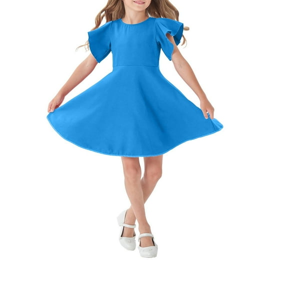 yillto Girl's Dress Flare A Line Casual Skaters Party Dress Ruffle Short Sleeve Cute Midi Dresses