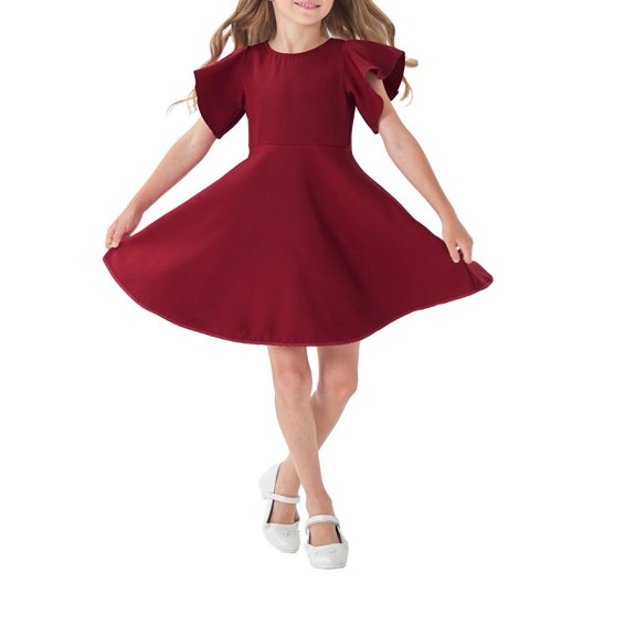 yillto Girl's Dress Flare A Line Casual Skaters Party Dress Ruffle Short Sleeve Cute Midi Dresses