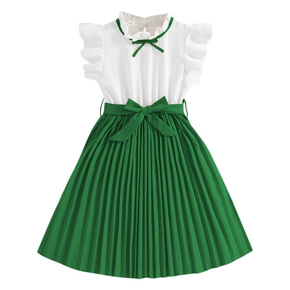yillto Girl's Skirt Sets 2 Piece Outfit Summer Clothes Ruffle Sleeve Tops Pleated Skirts with Belt 8-12T
