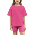 thumbnail image 1 of yillto Girls 2 Piece Summer Outfits Kids Short Sleeve Loose T Shirts and Elastic Waist Shorts Clothing Sets, 1 of 7