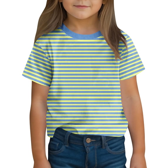 yillto Girls Basic Striped Shirts Short Sleeve Loose Tops Round Neck Casual Color Block Summer Tshirts
