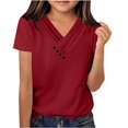 thumbnail image 1 of yillto Girls Blouse V Neck Buttons Short Sleeve Summer Solid Color Casual Girl Tee Tops for 5-13years, 1 of 6