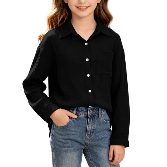 yillto Girls Button down Shirts Long Sleeve Loose Tops Collared V Neck Casual Fall Tees Clothes