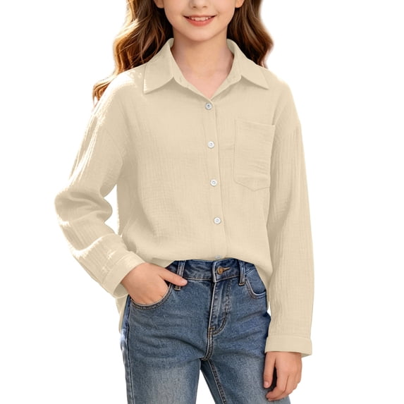 yillto Girls Button down Shirts Long Sleeve Loose Tops Collared V Neck Casual Fall Tees Clothes