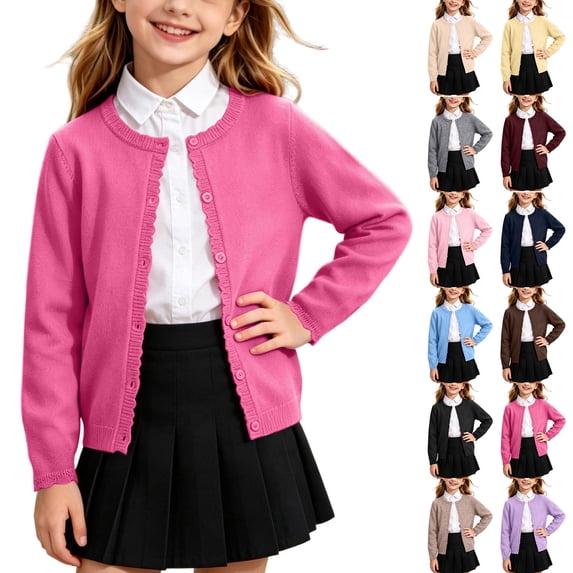 yillto Girls Cardigan Sweater Button down Knit Long Sleeve Cute Uniform Cardigans Crewneck Fall Clothes