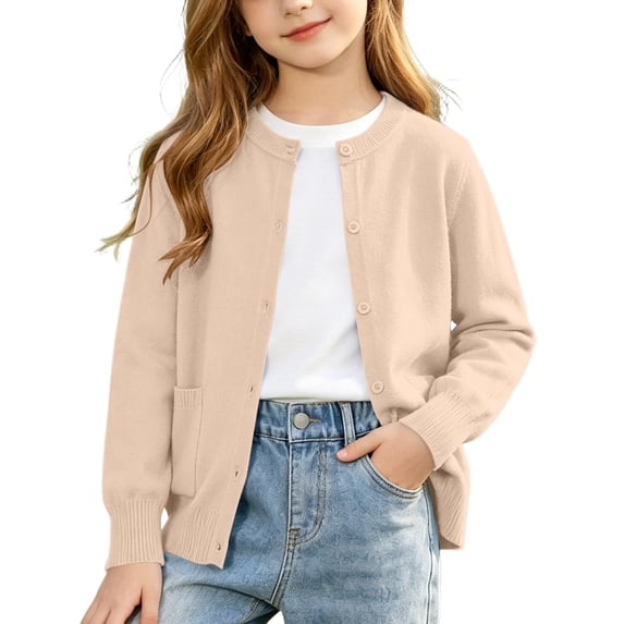 yillto Girls Cardigan Sweater School Uniforms Knit Button down Crew Neck Long Sleeve Sweaters Casual Outwear with Pockets