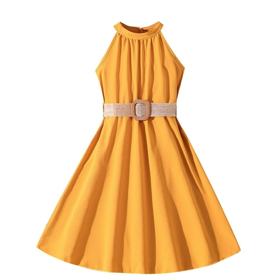 yillto Girls Party Dress Crew Neck Formal Sleeveless Dresses High Waist Pleated A Line Flowy Dress