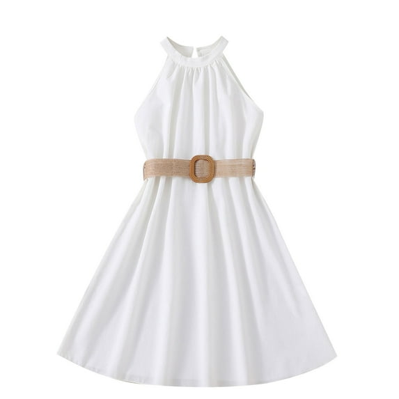 yillto Girls Party Dress Crew Neck Formal Sleeveless Dresses High Waist Pleated A Line Flowy Dress