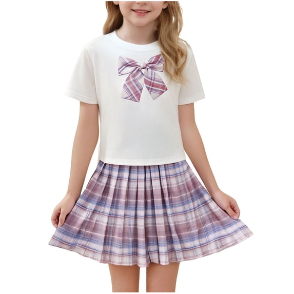 yillto Girls School Uniform Skirts Sets Plaid Pleated Short Skirt and Short Sleeve Top with Bow 2 Piece