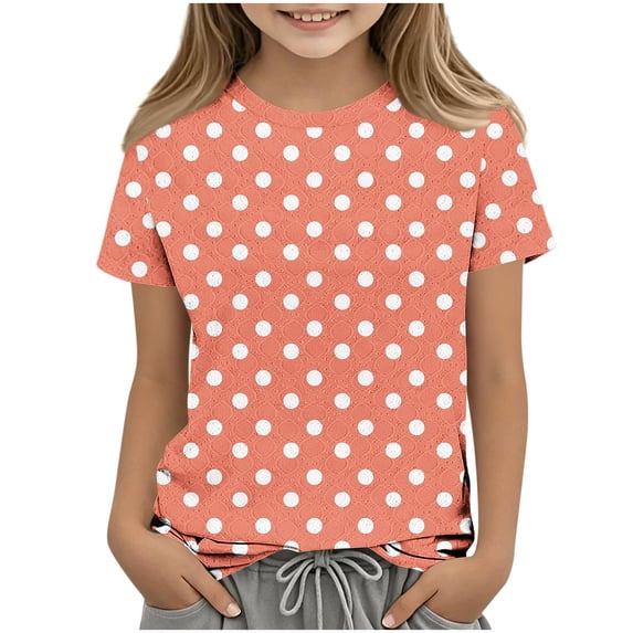yillto Girls Short Sleeve Tops Summer Casual Crew Neck Cute Shirts Polka Dots Printed Lightweight Tshirts