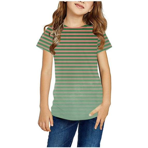 yillto Girls Striped Shirts Summer Causal Short Sleeve Round Neck Loose Tee Kids Tunic Blouse Tops