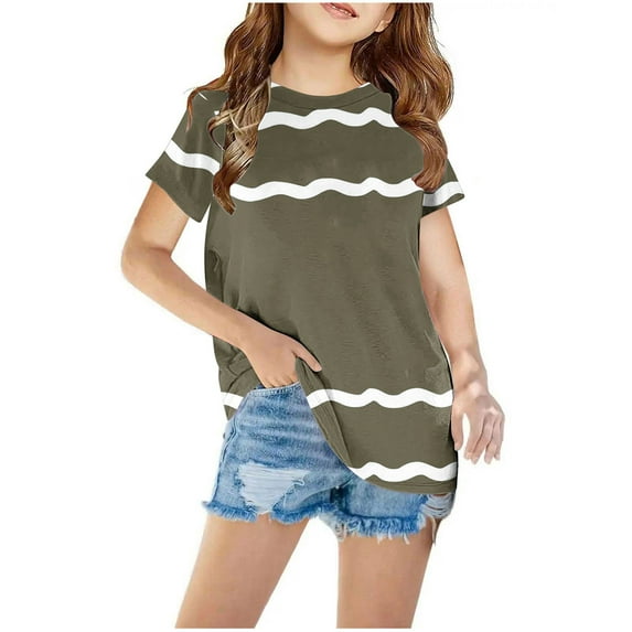 yillto Girls Striped Shirts Summer Short Sleeve Color Block Trendy Crewneck Loose Pullover Tops