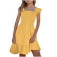 thumbnail image 1 of yillto Girls Summer Dresses Kids Cute Ruffle Sleeve Square Neck High Smocked Waist A Lined Pleated Dress, 1 of 7