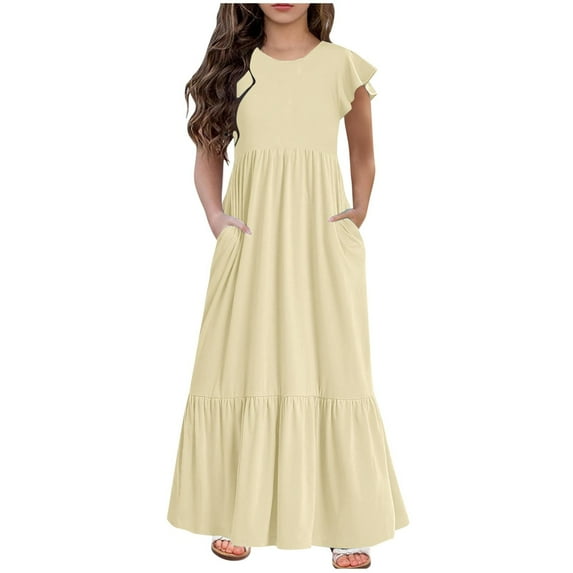 yillto Girls Summer Maxi Dresses Ruffle Short Sleeve Casual Flowy Tiered Dress with Pockets 6-13 Years