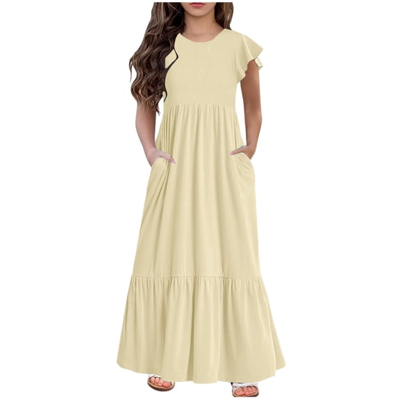yillto Girls Summer Maxi Dresses Ruffle Short Sleeve Casual Flowy Tiered Dress with Pockets 6-13 Years