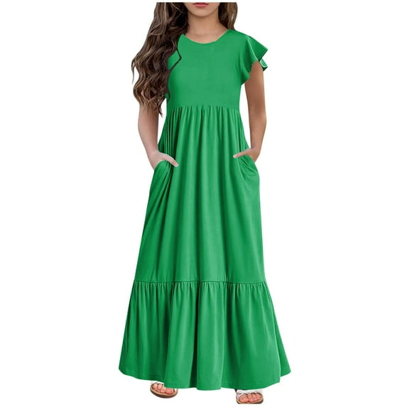 yillto Girls Summer Maxi Dresses Ruffle Short Sleeve Casual Flowy Tiered Dress with Pockets 6-13 Years