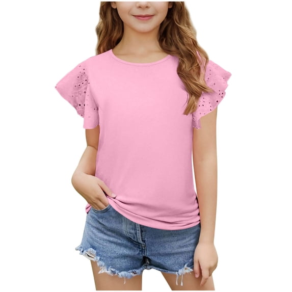 yillto Girls Summer Shirts Ruffle Short Sleeve Cute Crew Neck Tee Plain Causal Blouse Tshirts 3-14T