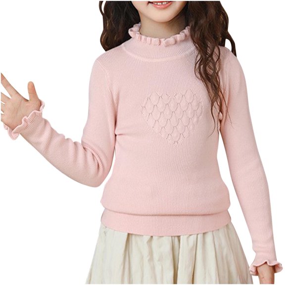 yillto Girls Sweaters Ruffle Neck Pullover Heart Knit Long Sleeve Warm Sweater for Kids 3-14 Years
