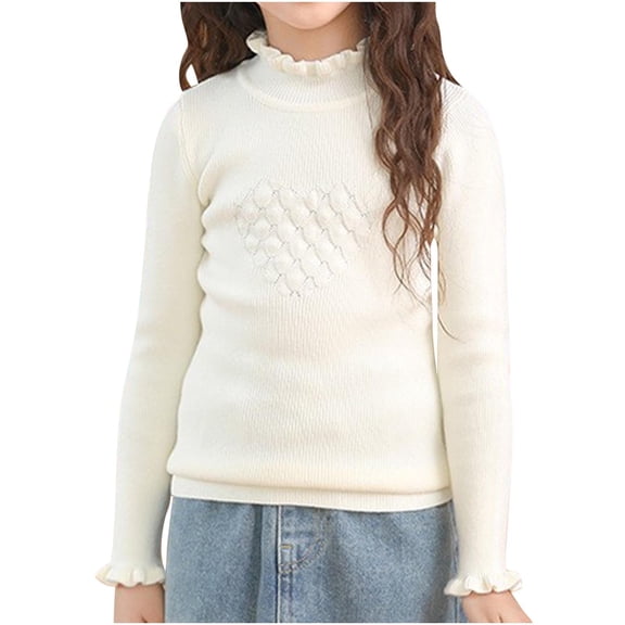 yillto Girls Sweaters Ruffle Neck Pullover Heart Knit Long Sleeve Warm Sweater for Kids 3-14 Years