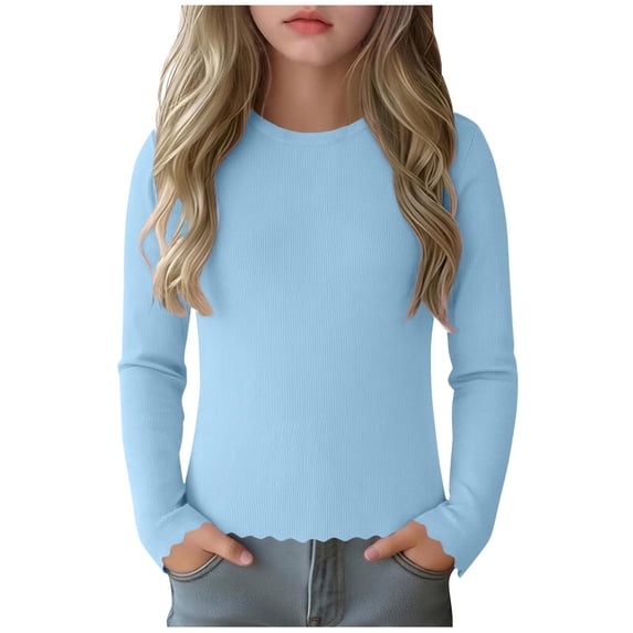 yillto Kid Girls Long Sleeve Tops Ribbed Knit Lightweight Tees Round Neck Slim Solid Color Layered Undershirts