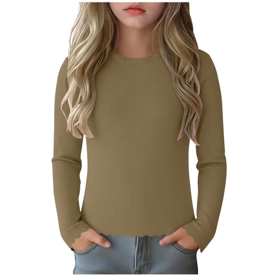 yillto Kid Girls Long Sleeve Tops Ribbed Knit Lightweight Tees Round Neck Slim Solid Color Layered Undershirts