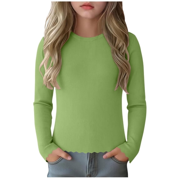 yillto Kid Girls Long Sleeve Tops Ribbed Knit Lightweight Tees Round Neck Slim Solid Color Layered Undershirts