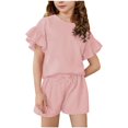 thumbnail image 1 of yillto Kids Girls Clothes Ruffle Short Sleeve Crewneck Tops and Shorts Cute Summer 2 Pieces Sets, 1 of 7