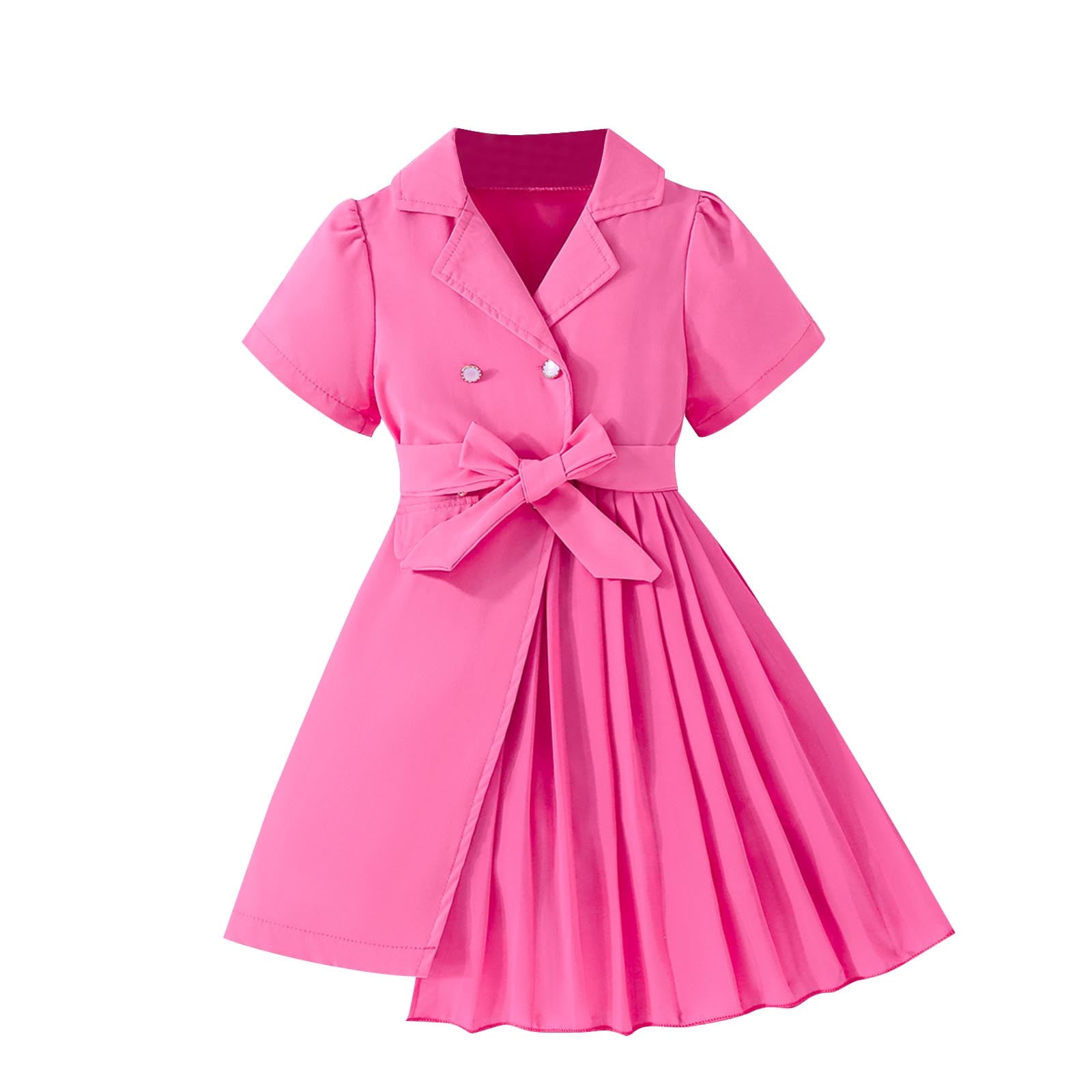 yillto Kids Girls Cotton Dress Formal Short Sleeve V Neck Pleated ...