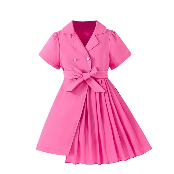 yillto Kids Girls Cotton Dress Formal Short Sleeve V Neck Pleated School Uniform Dresses with Belt