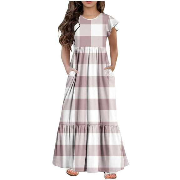 yillto Kids Girls Maxi Dress Ruffle Short Sleeve Crew Neck Flowy Tiered Summer Sundress with Pockets