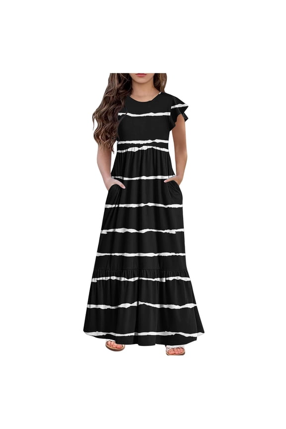 Kids Girls Maxi Dress Ruffle Short Sleeve Crew Neck Flowy Tiered Summer Sundress with Pockets