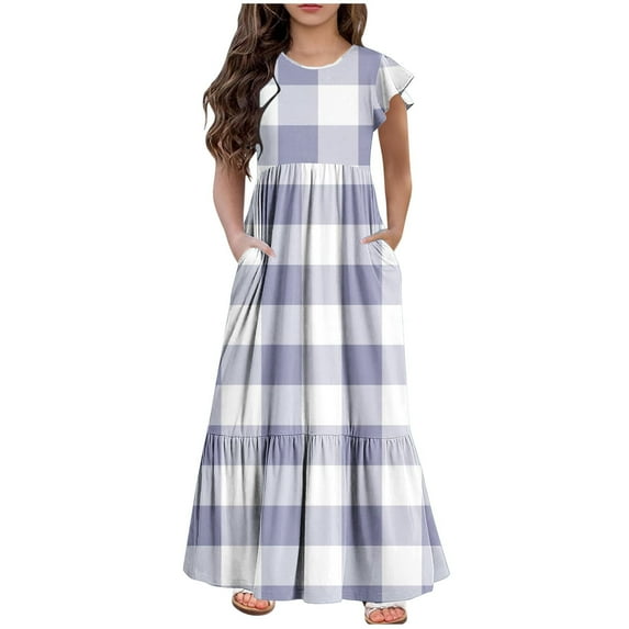 yillto Kids Girls Maxi Dress Ruffle Short Sleeve Crew Neck Flowy Tiered Summer Sundress with Pockets