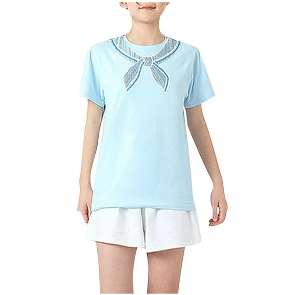 yillto Kids Girls Shirts Cute Bow Graphic Short Sleeve Round Neck Tee Summer School Uniform Shirt