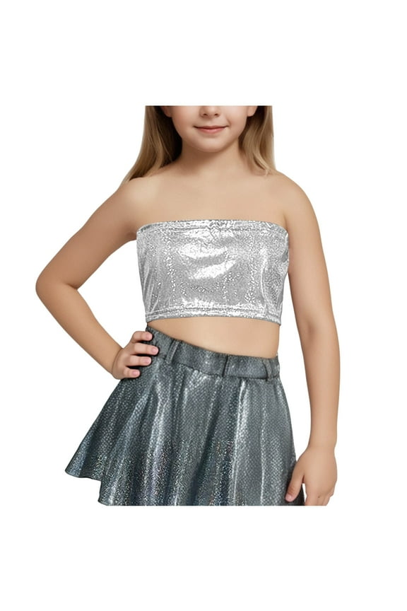 Kids Girls Sleeveless Tank Strapless Bandeau Top Sparkly Party Clubwear Cropped Shirts
