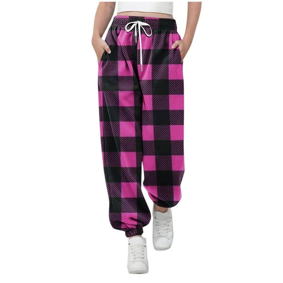 Maean Kids Plaid Jogger Pant Straight Leg Loose Elastic Waist Drawstring Causal Sweatpants with Pockets