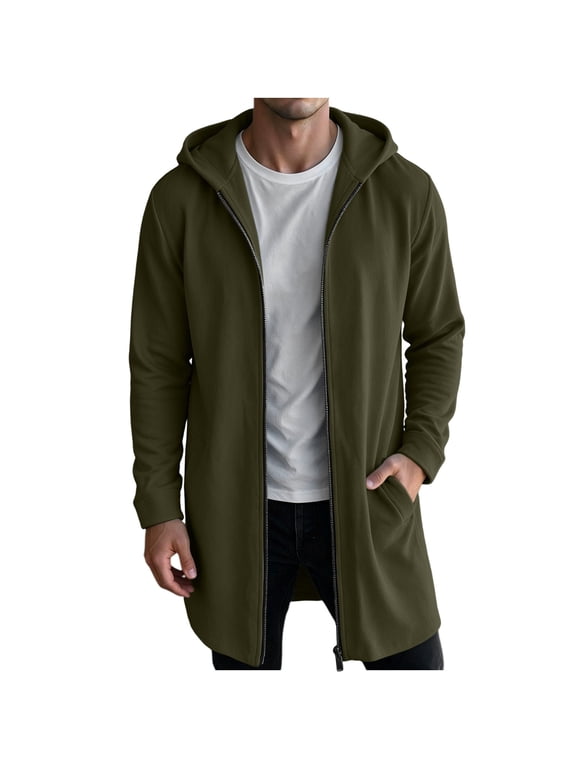 Men Jacket with Hoodie Pockets Full Zip Long Sleeve Fall Winter Outwear Coat