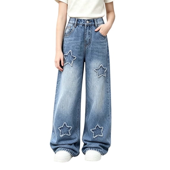 yillto Little Girls Fashion Jeans Stretch Waist Wide Leg Pants with Pockets Casual Loose Straight Denim Pants