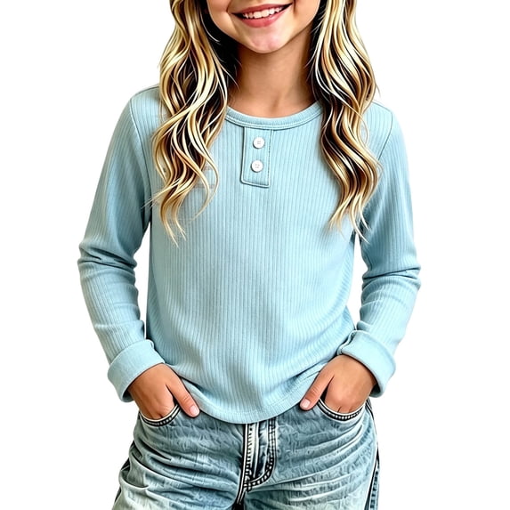 yillto Little Girls Long Sleeve Shirts Ribbed Crewneck Solid Color Basic Casual Tshirts Tops for Kids